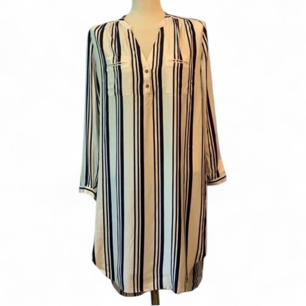 ULLA Johnson size 4 silk shirt dress navy stripes raw hem long sleeve